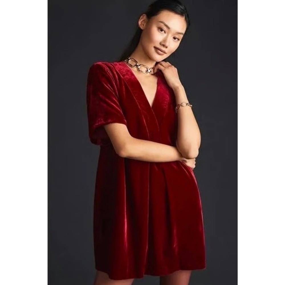 Sunday in Brooklyn Anthropologie Red Velvet V-Neck Fall Winter Mini Dress L NEW